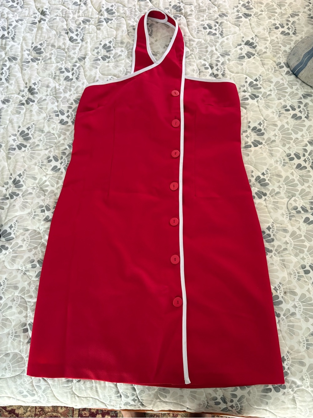 Red Backless Halter Button-Front Dress with White Trim